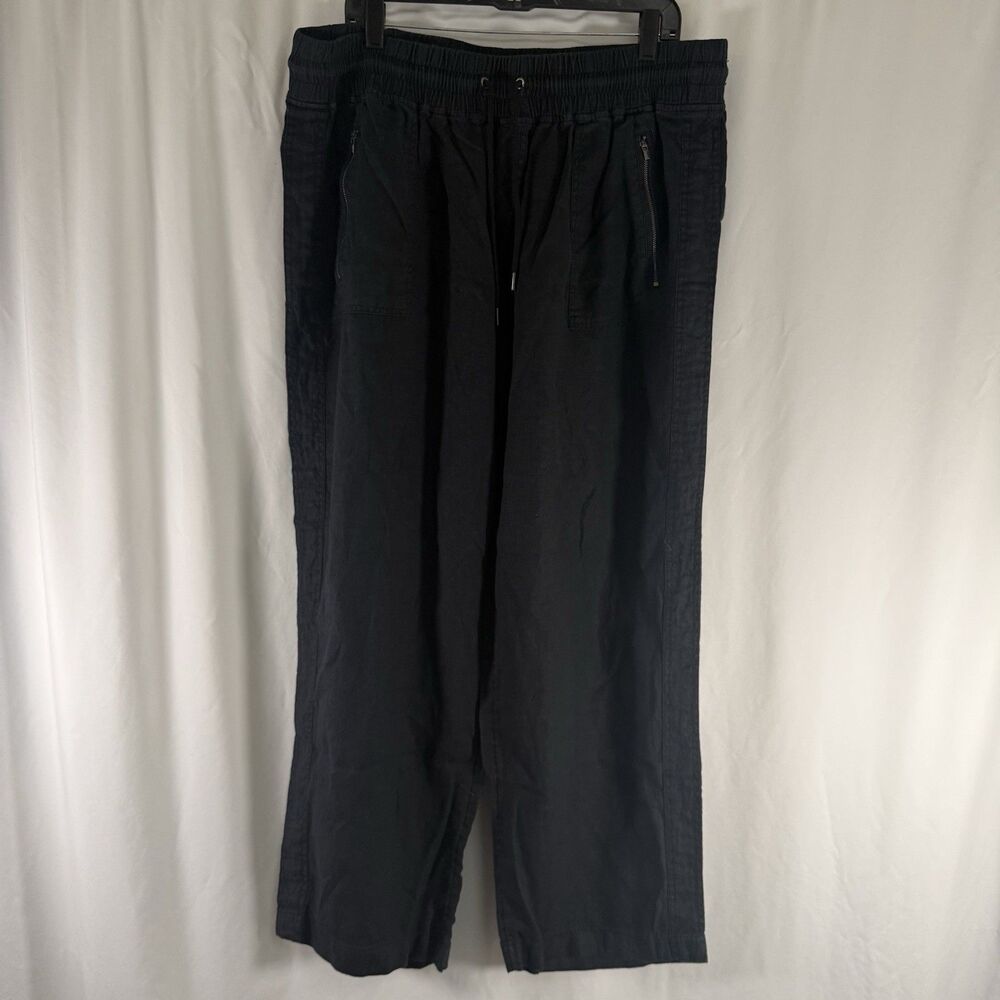 Athleta 100% Linen Pants Women's 20 Black Pull On Drawstring Wide Leg Zip Pocket